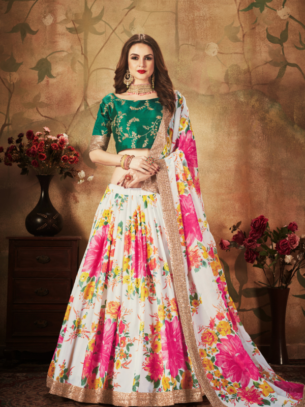 white and green floral printed lehenga choli