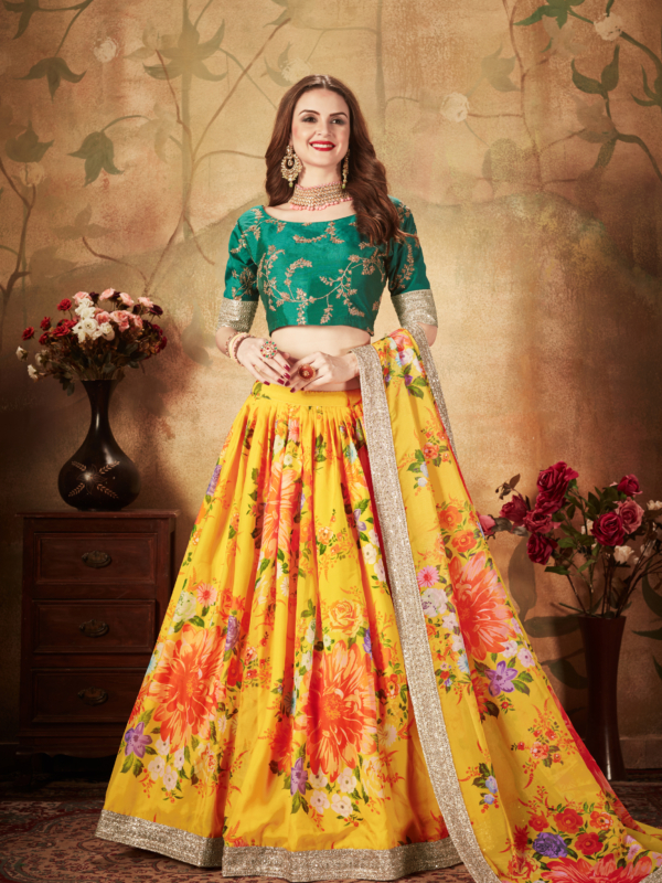 yellow and green floral printed lehenga choli