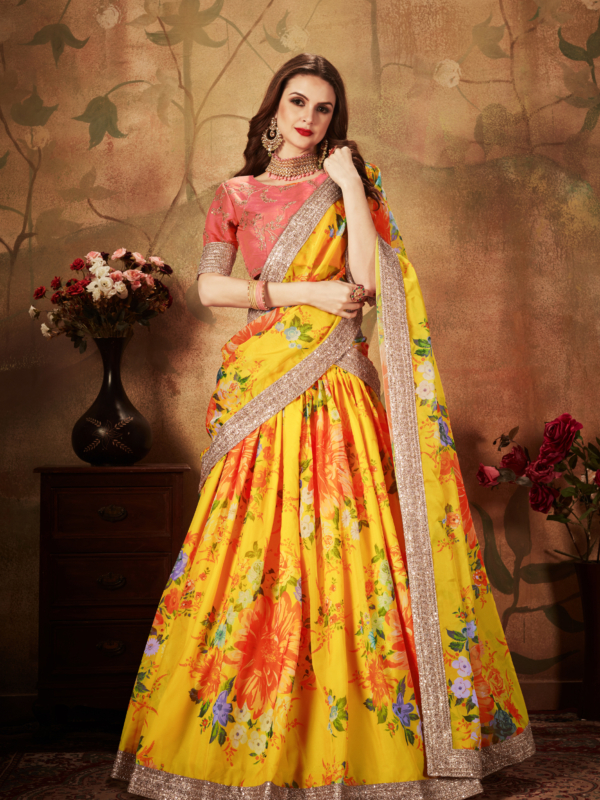 orange and yellow floral printed lehenga choli