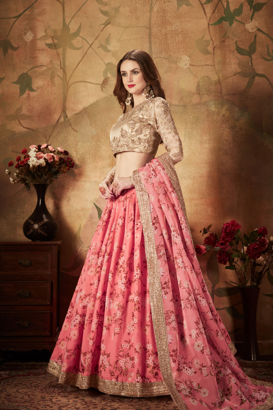 Floral Magic of Peachy Pink and Sorrell Brown Organza Lehenga Choli