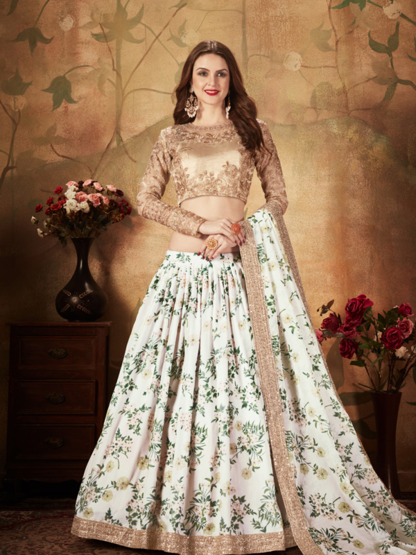 white and beige floral printed lehenga choli