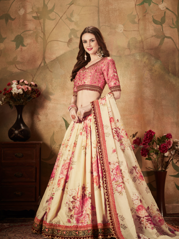 peach and beige floral printed lehenga choli