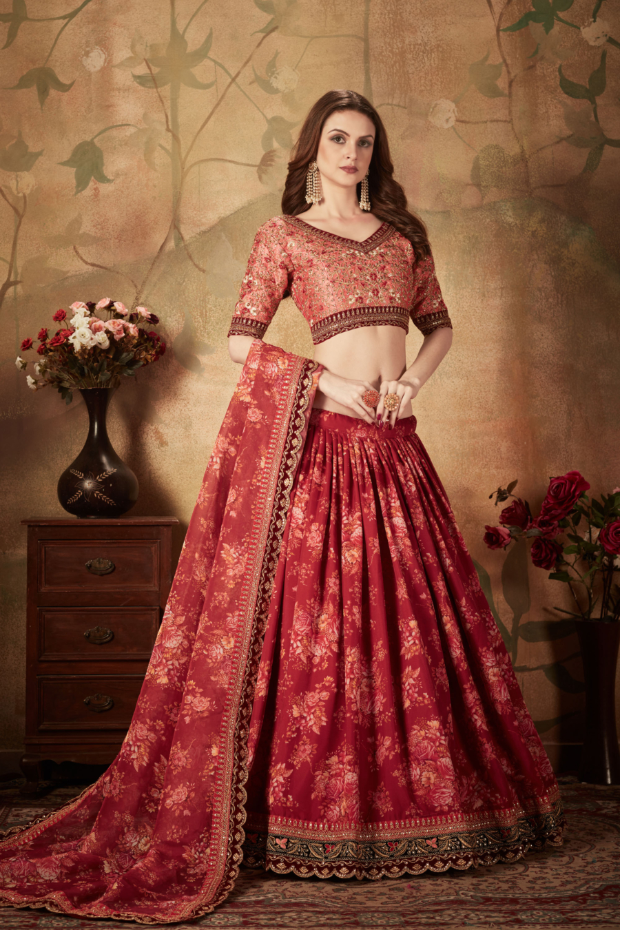 Floral Elegance of Firebrick Red and Peachy Pink Organza Lehenga Choli