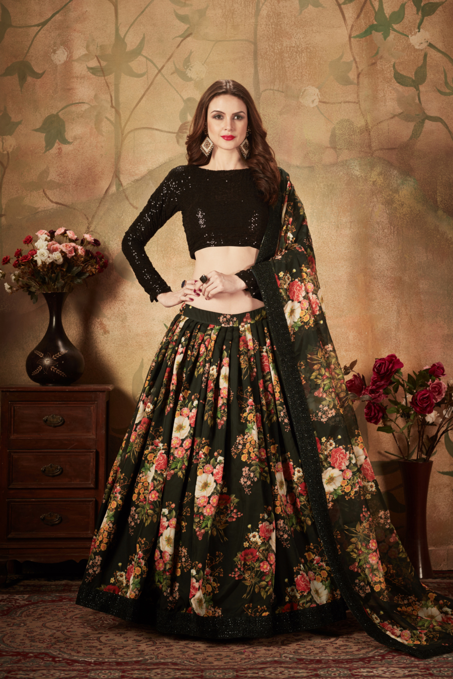 Floral Memories with Black Pearl Organza Sequence Lehenga Choli