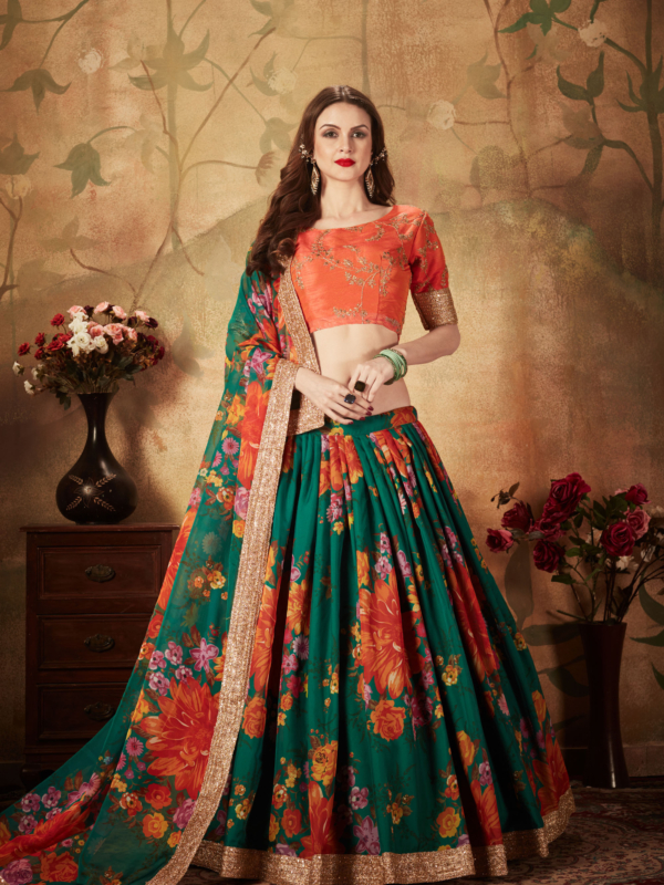 orange and green floral printed lehenga choli