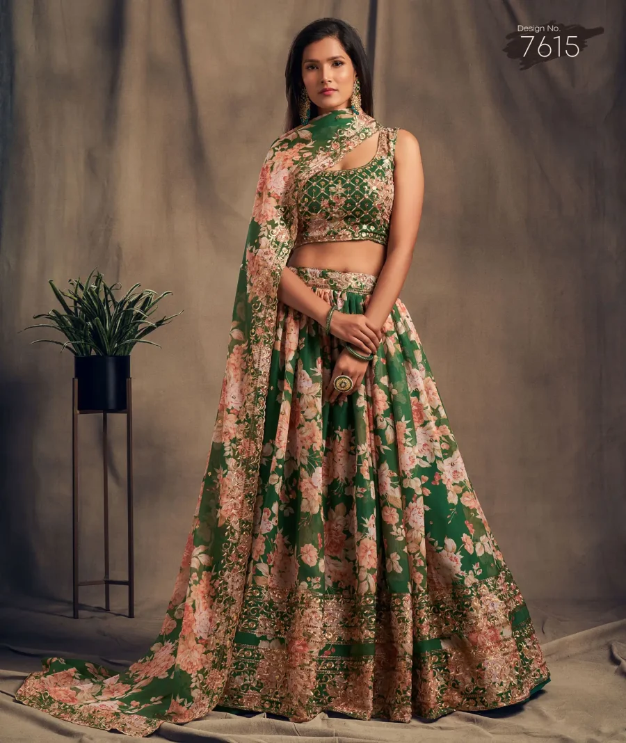 Fashion with Flowers in Mineral Green Flory Organza Lehenga Choli