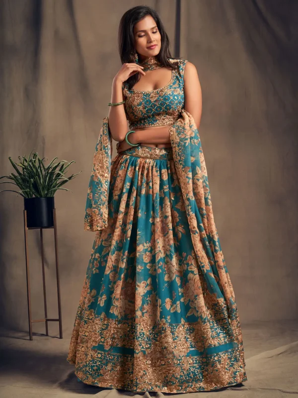 teal blue floral printed lehenga choli