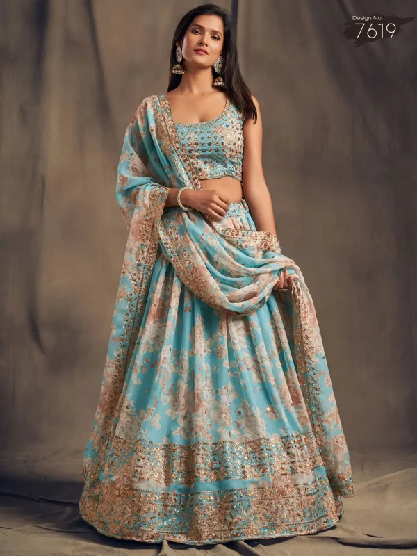 sky blue floral printed lehenga choli