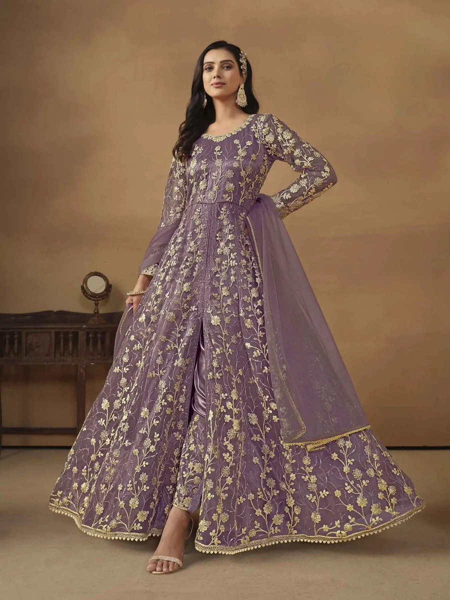 Vintage Look of Dusty Purple Thread Embroidery Work Gown