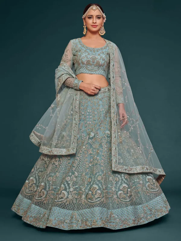 sky blue net embroidery lehenga choli