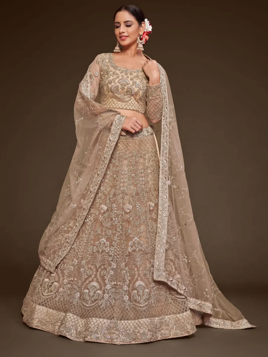 Ethereal Elegance in Royal Beige Net Embroidery Lehenga Choli