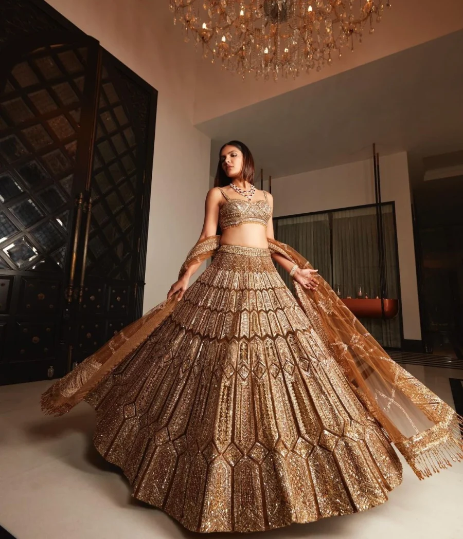 Gleaming in Gold with Golden Brown Sequence Lehenga Choli