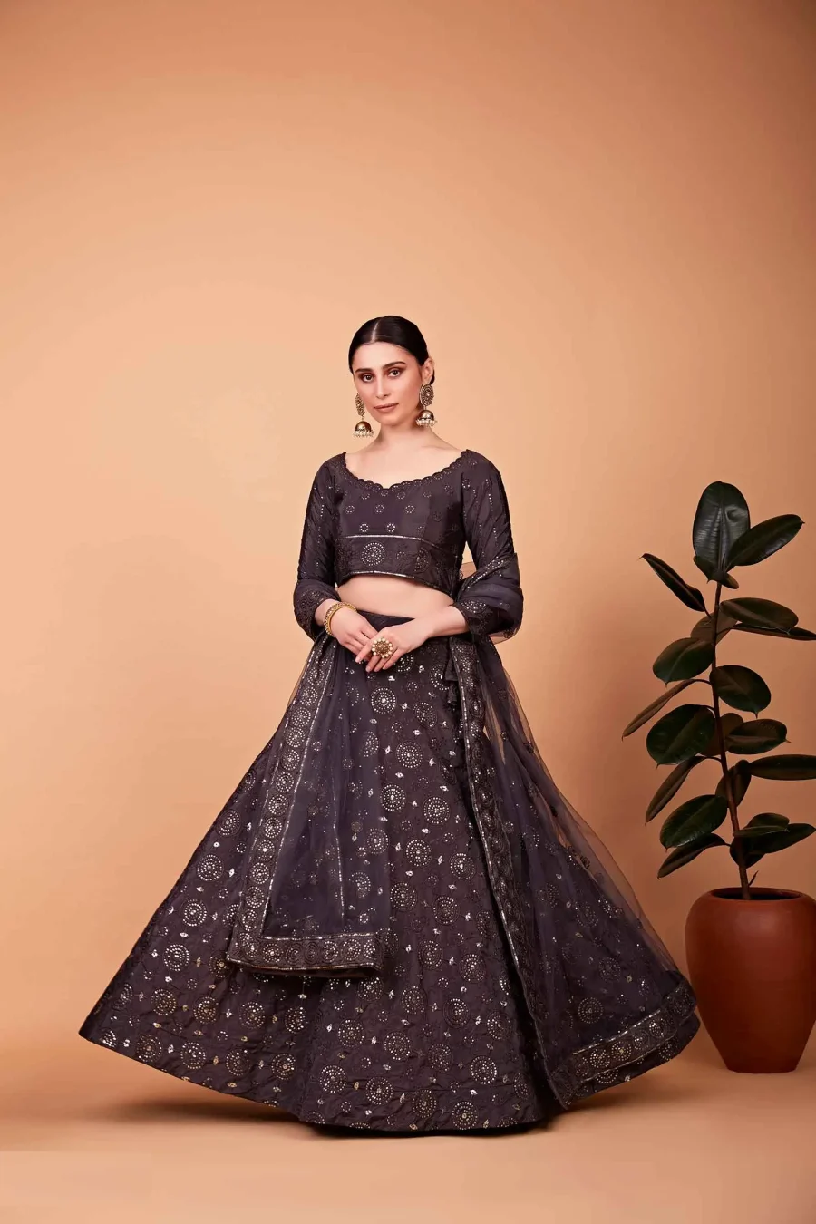 Charcoal Charm in Dark Gray Sequence Lehenga Choli