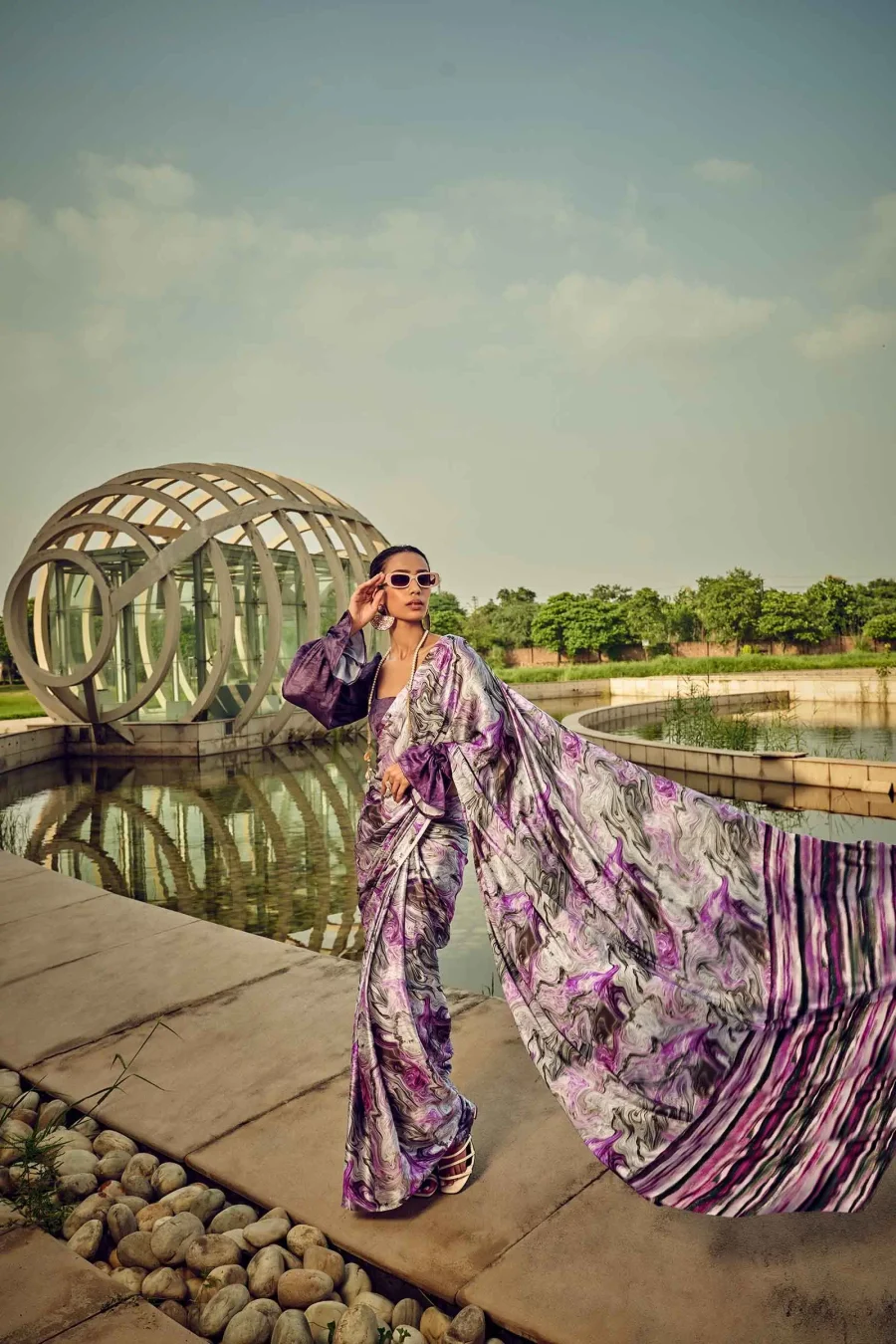 Mesmerising Plum Purple & Multicolor Printed Satin Silk Saree