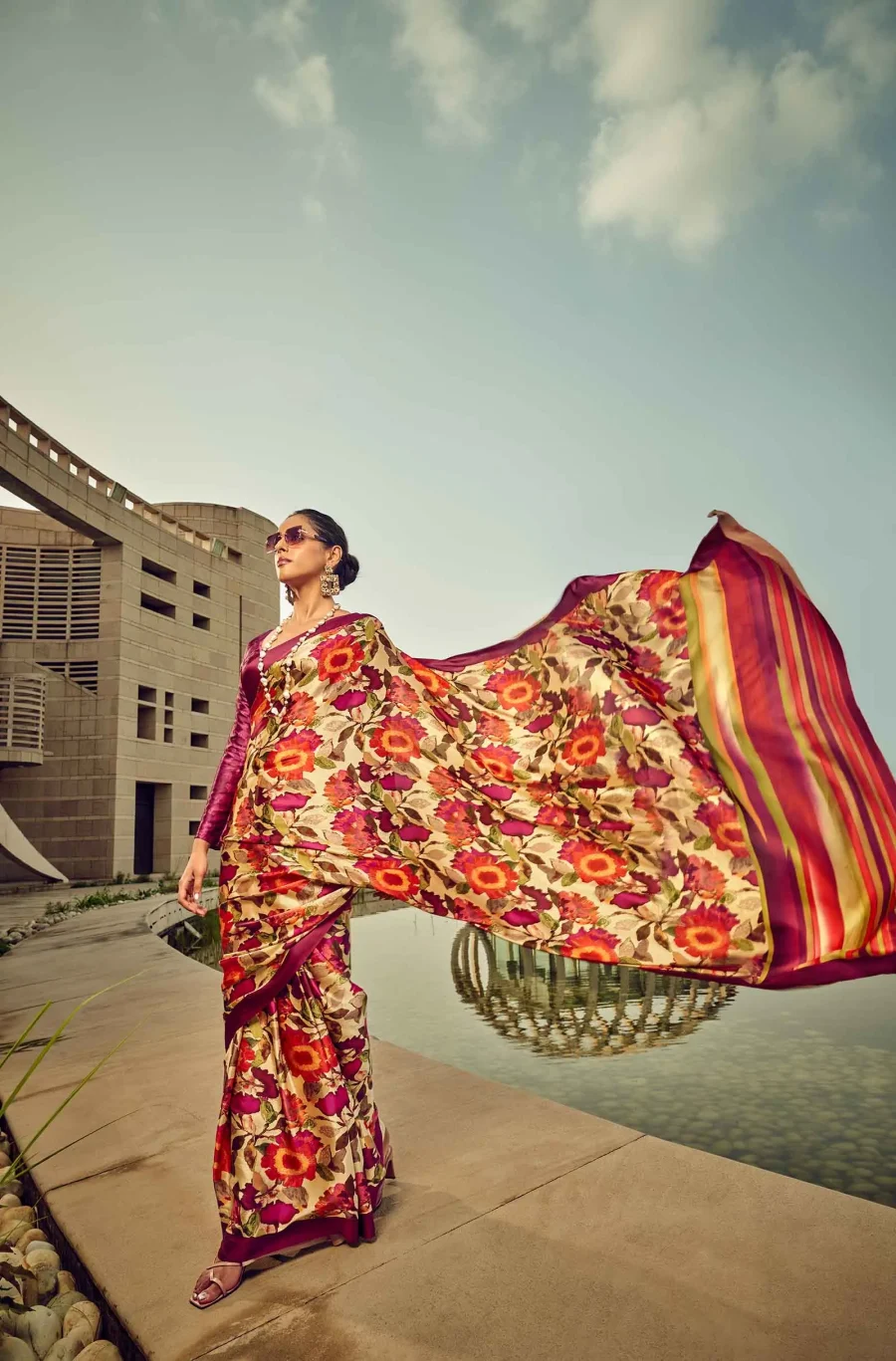 Flory Beauty of Wine Red & Multicolor Satin Silk Saree