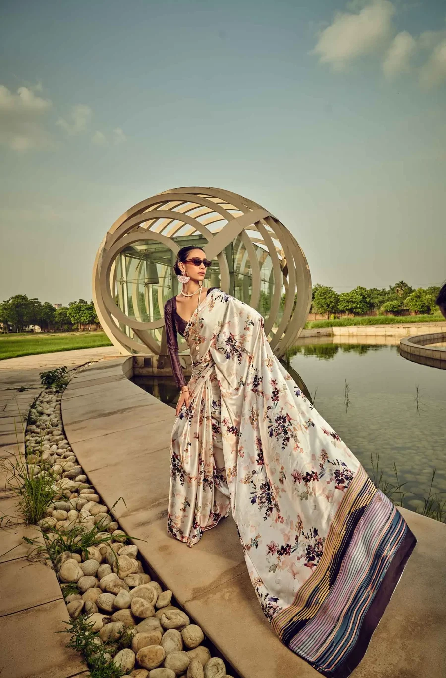 Classic Look of Pearl Bush & Dark Purple Satin Silk Saree