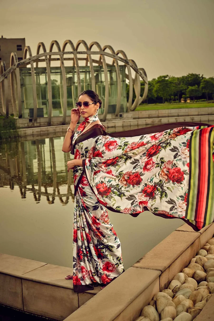 Floral Prints of Ruby Red Multicolor Satin Silk Saree