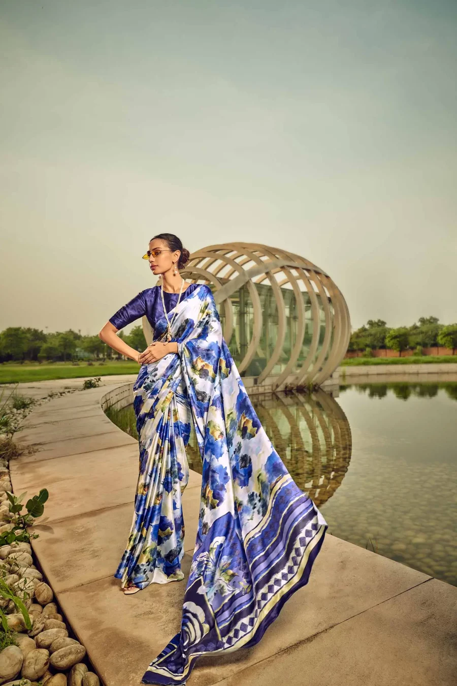 Flory Vibes of Dark Slate Blue Multicolor Satin Silk Saree