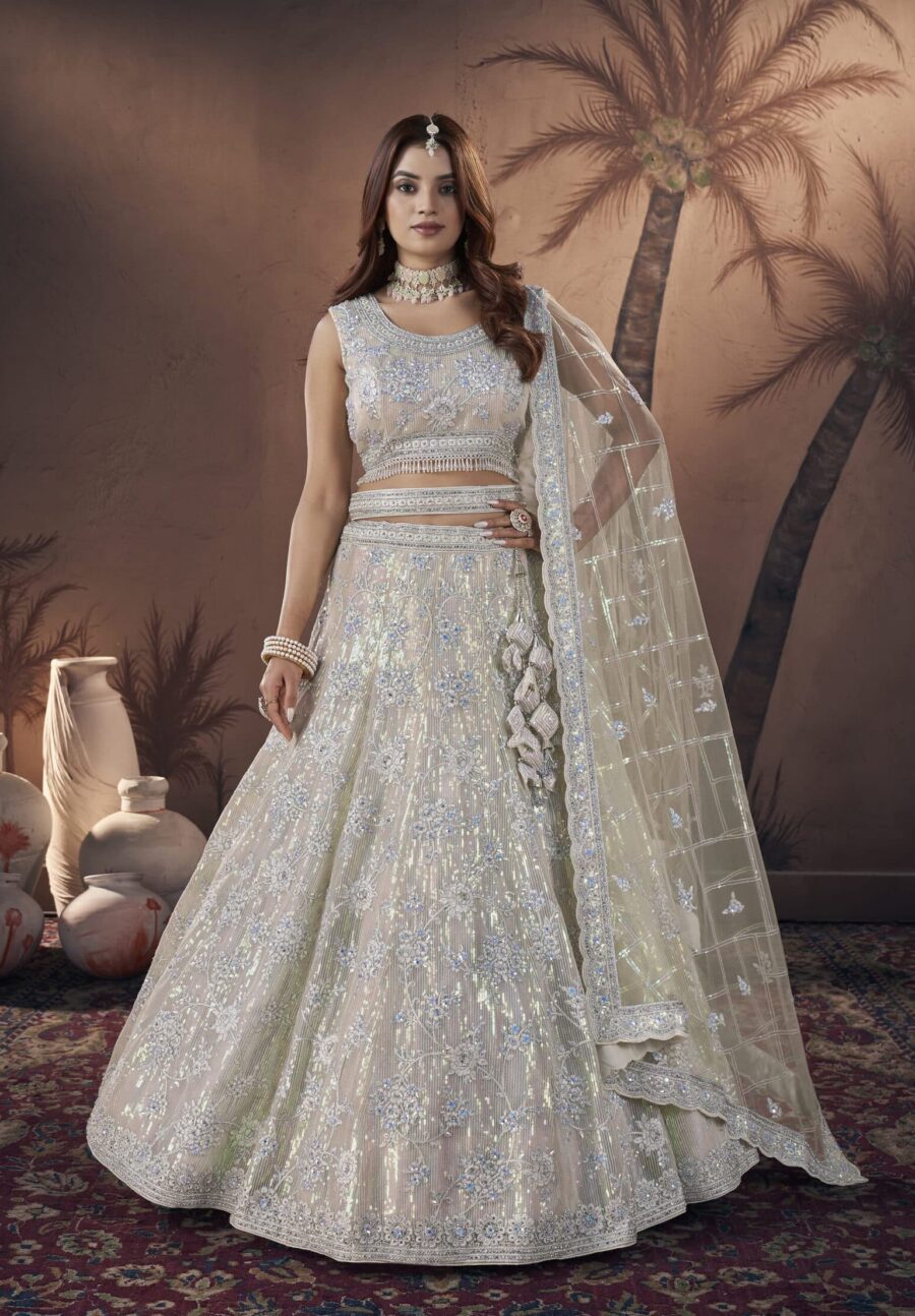 Pastel Symphony of Dusty White Bridal Lehenga Choli With Handmade Crafting