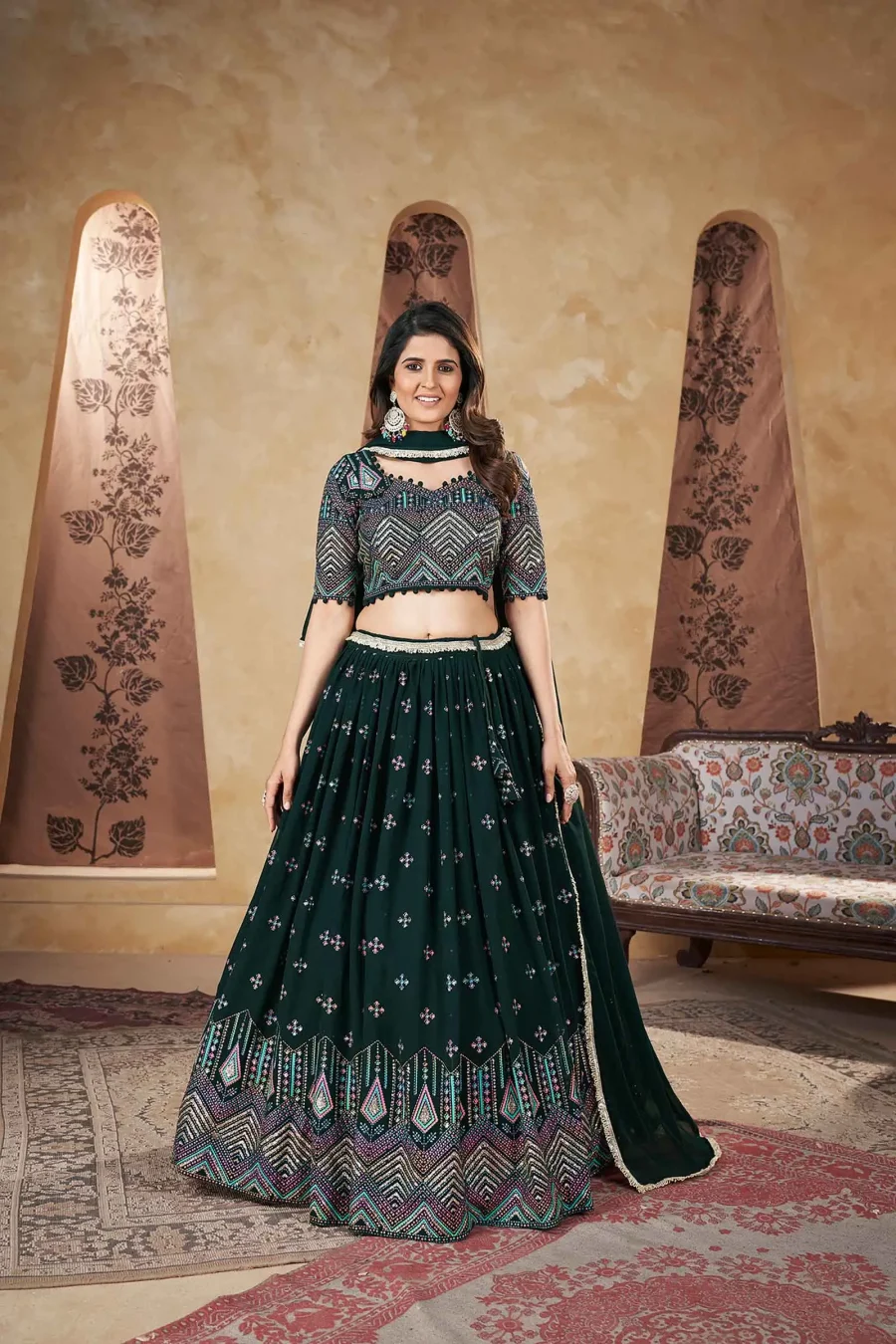 Emerald Elegance of Timber Green Multicolor Georgette Lehenga choli