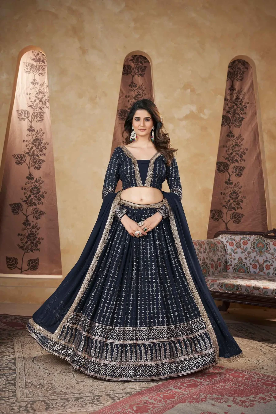 Sparkle and Shine in Dark Navy Blue Georgette Lehenga choli