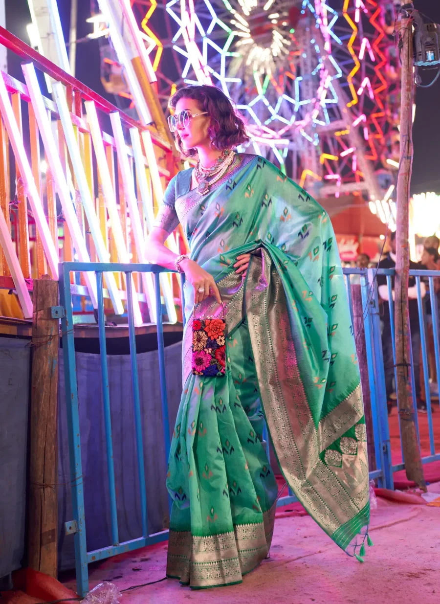 Embracing the Culture with Caribbean Green Weaving Silk Saree