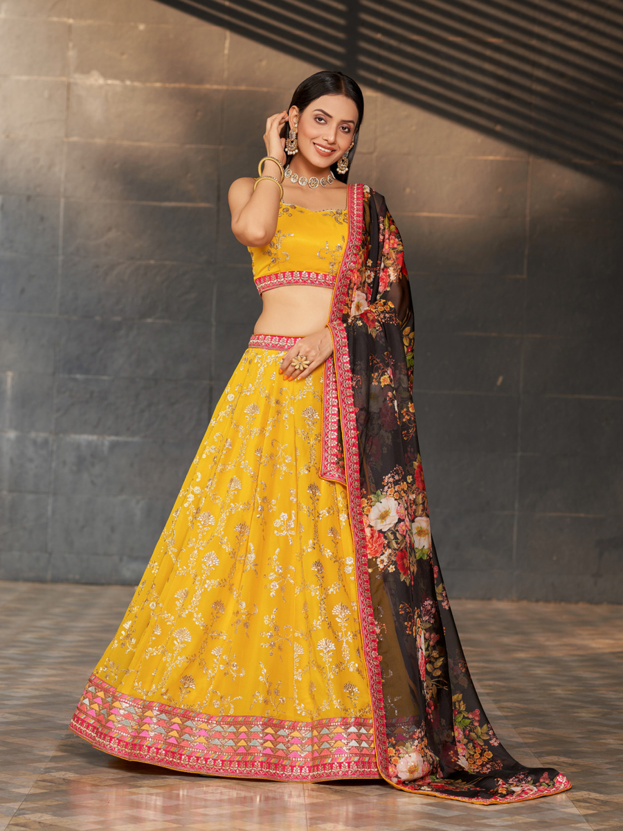 Style Game with Bee Yellow Flory Sequence Lehenga Choli