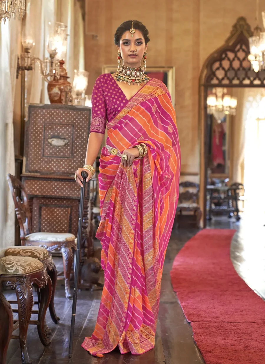 Embracing Heritage with Pink & Orange Georgette Leheriya Saree