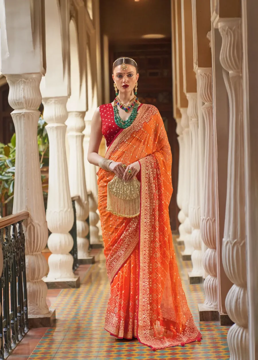 Marigold Magic of Burning Orange Georgette Leheriya Saree