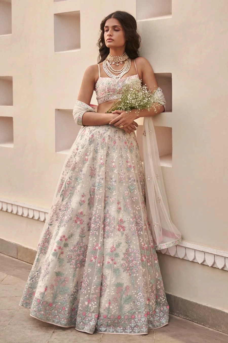 Vintage Vibes of Dusty White Georgette Sequence Lehenga Choli