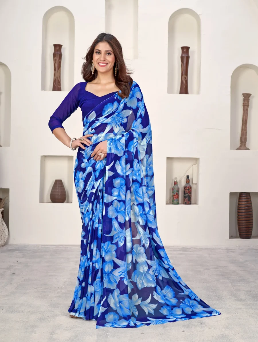 Floral Magic of Persian Indigo Georgette Printed Saree