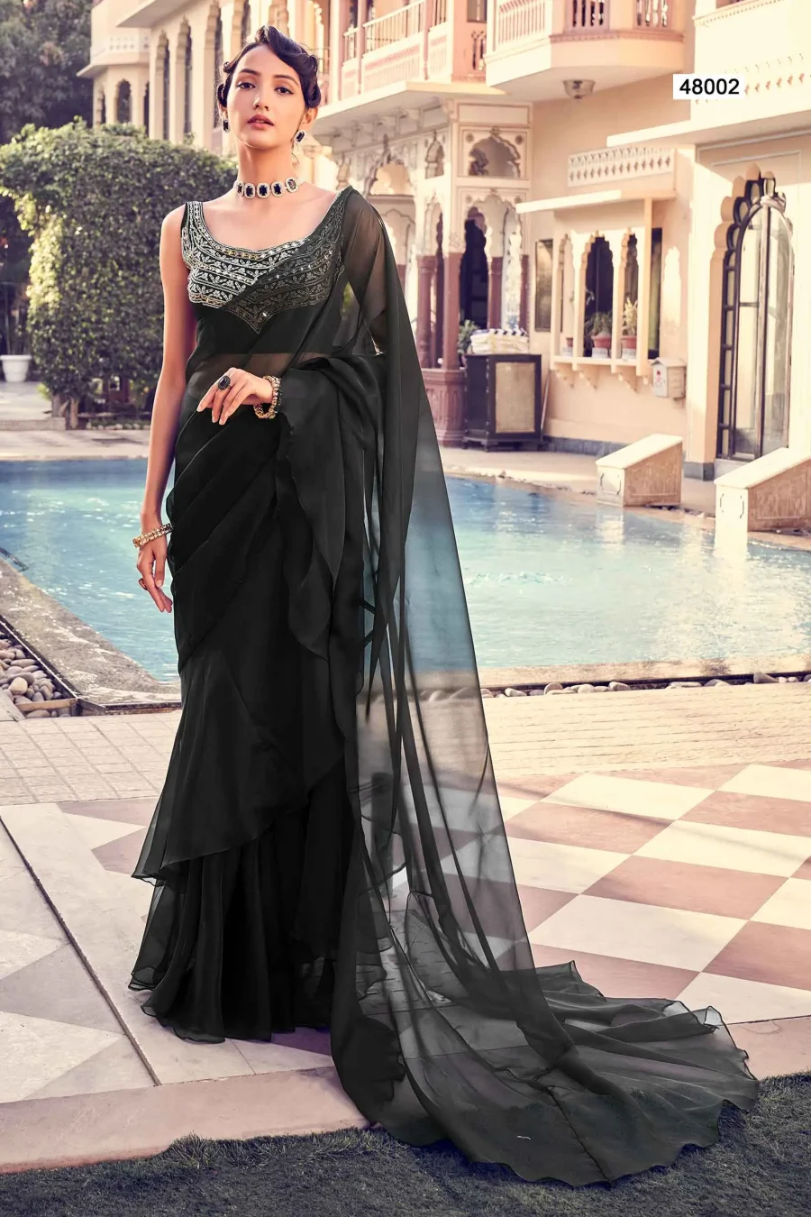 Unveiling Elegance of Hot Black Georgette Ruffle Saree