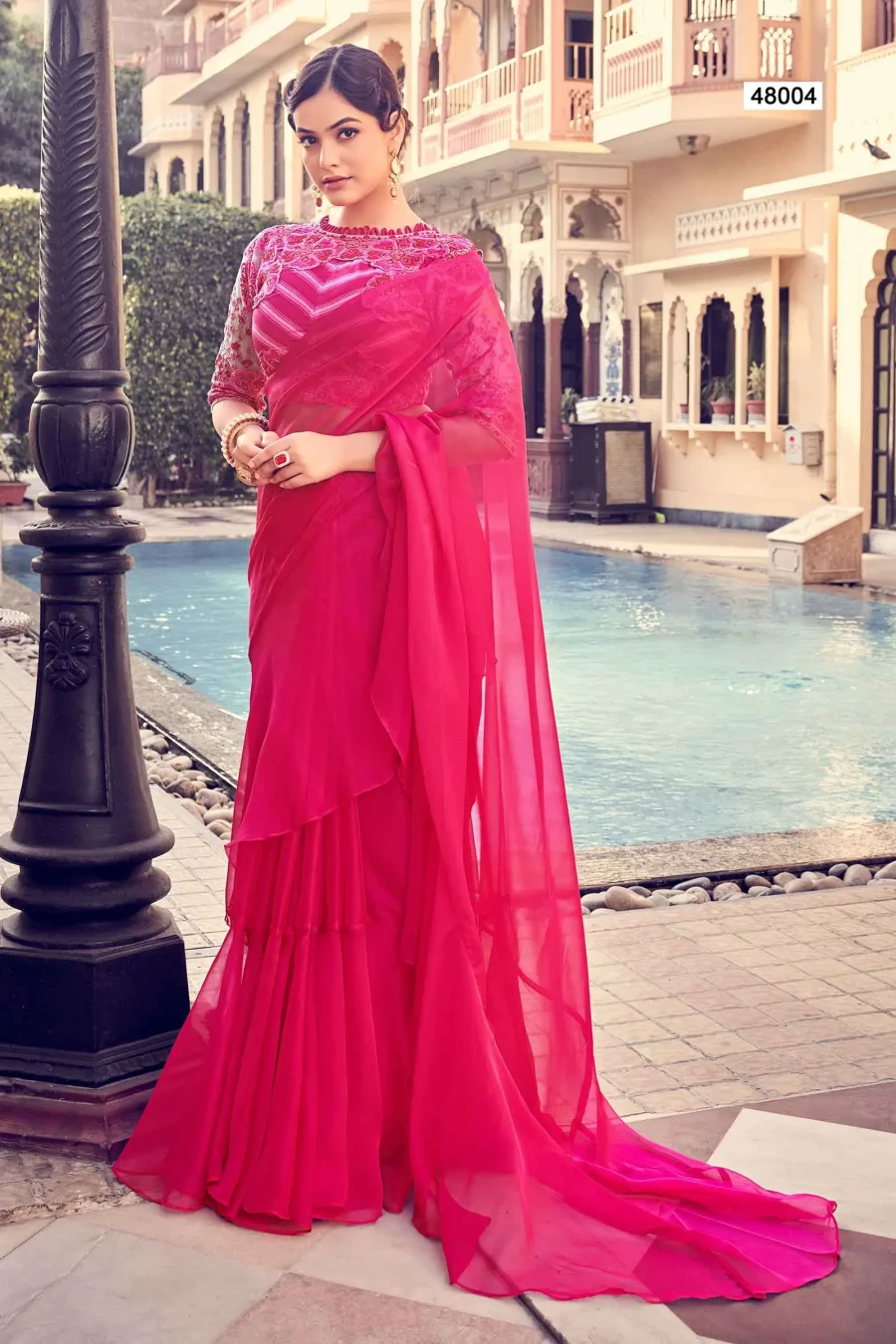 Glamorous Drape of Dark Hot Pink Organza Ruffle Saree