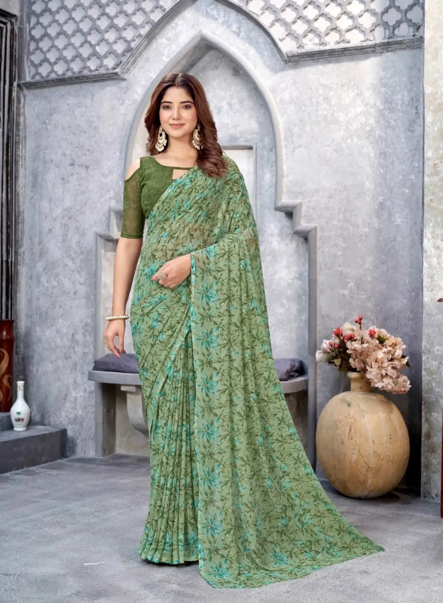 Perfect Pleats of Olive Green Georgette Printed Saree