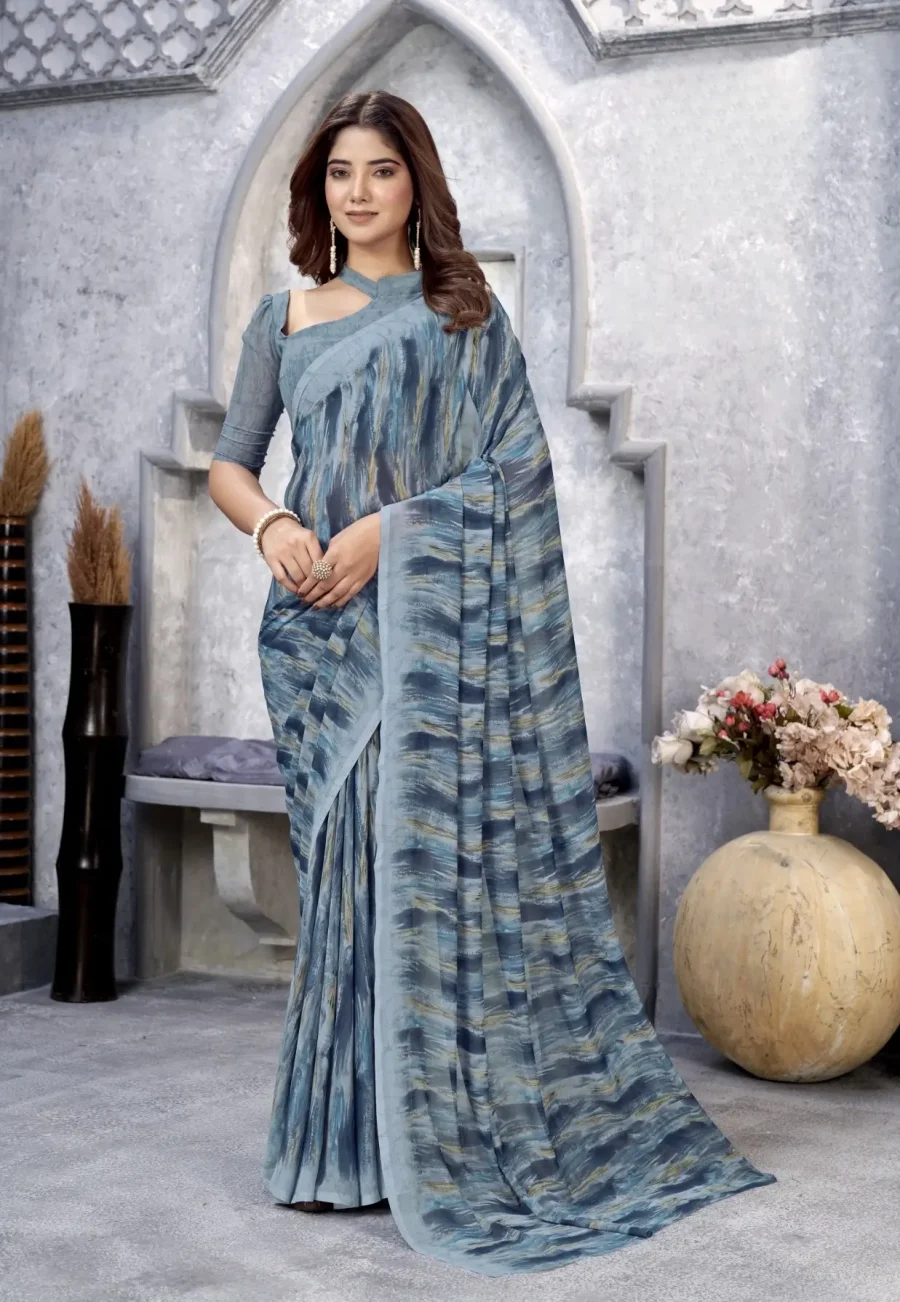 Ethereal Elegance of Regent Grey Georgette Printed Saree