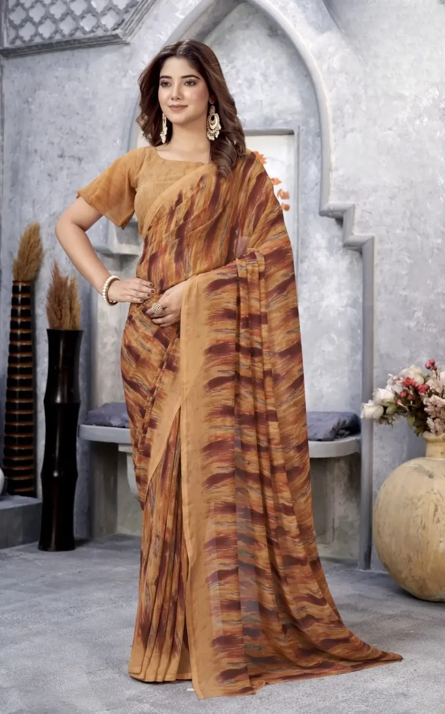 Classic Drapes of Persian Orange Georgette Printed Saree