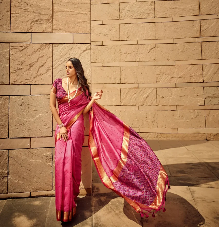 Pretty Patola Look of Deep Blush Pink Weaving Silk Saree