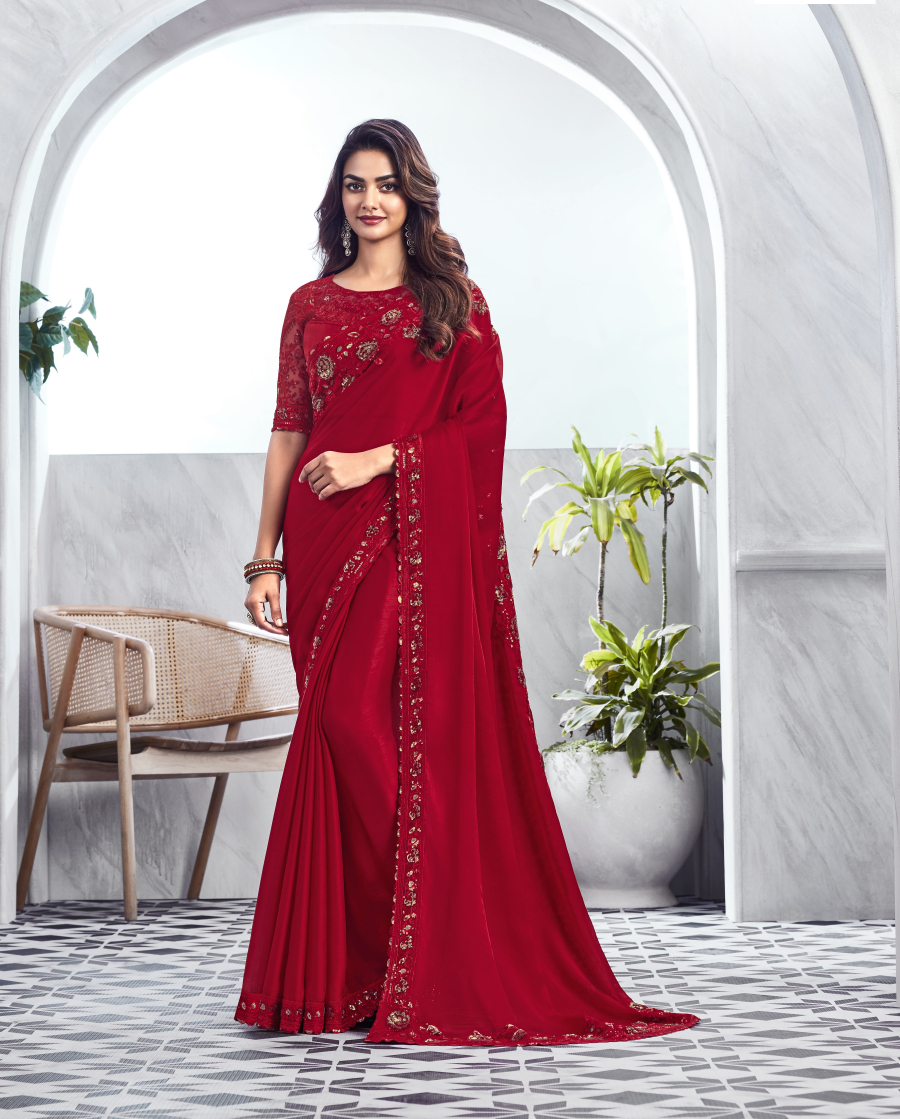 Sequence Stories Of Cherry Red Chiffon Silk Saree