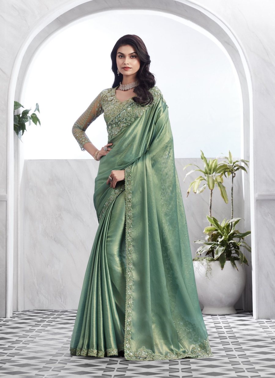 Draped in Shadow Green Shimmer Silk Saree