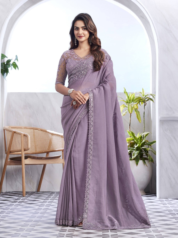 lavender silk embroidery saree