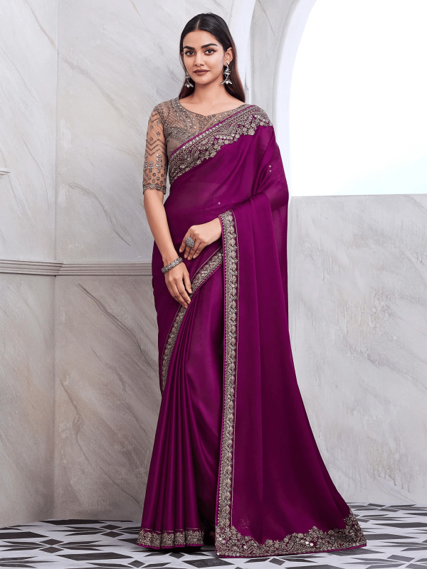 wine silk embroidery saree