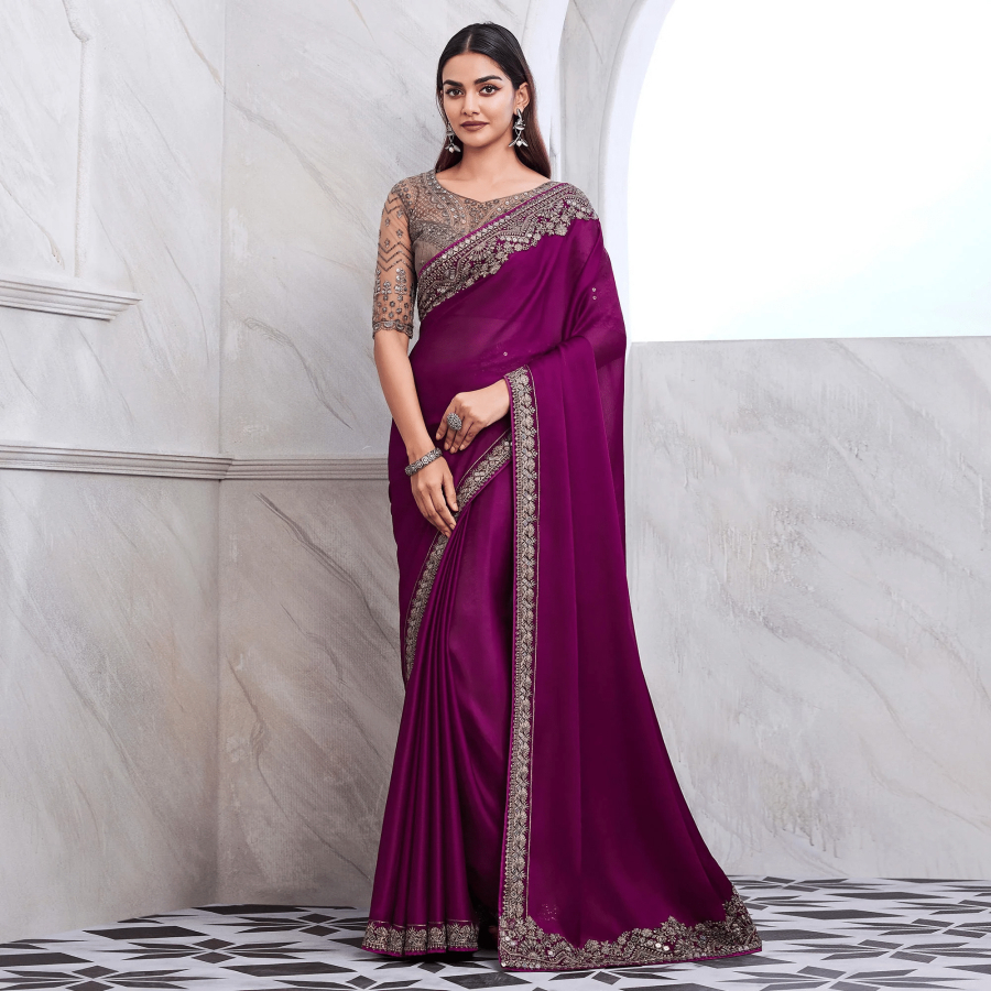 Timeless Grace of with Wine Red Chiffon Silk Saree