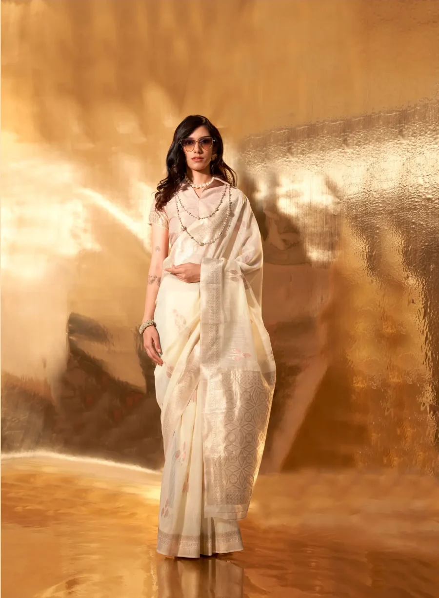 Graceful Look of Ivory Handwoven Linen Saree