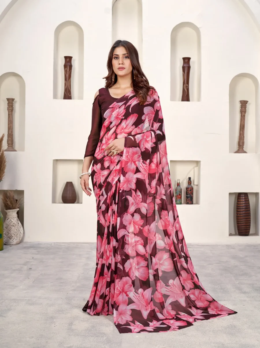 Floral Fantasy of Red Wine Georgette Printed Saree