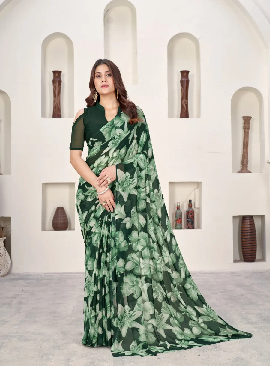 Floral Essence of Forest Green Georgette Printed Saree