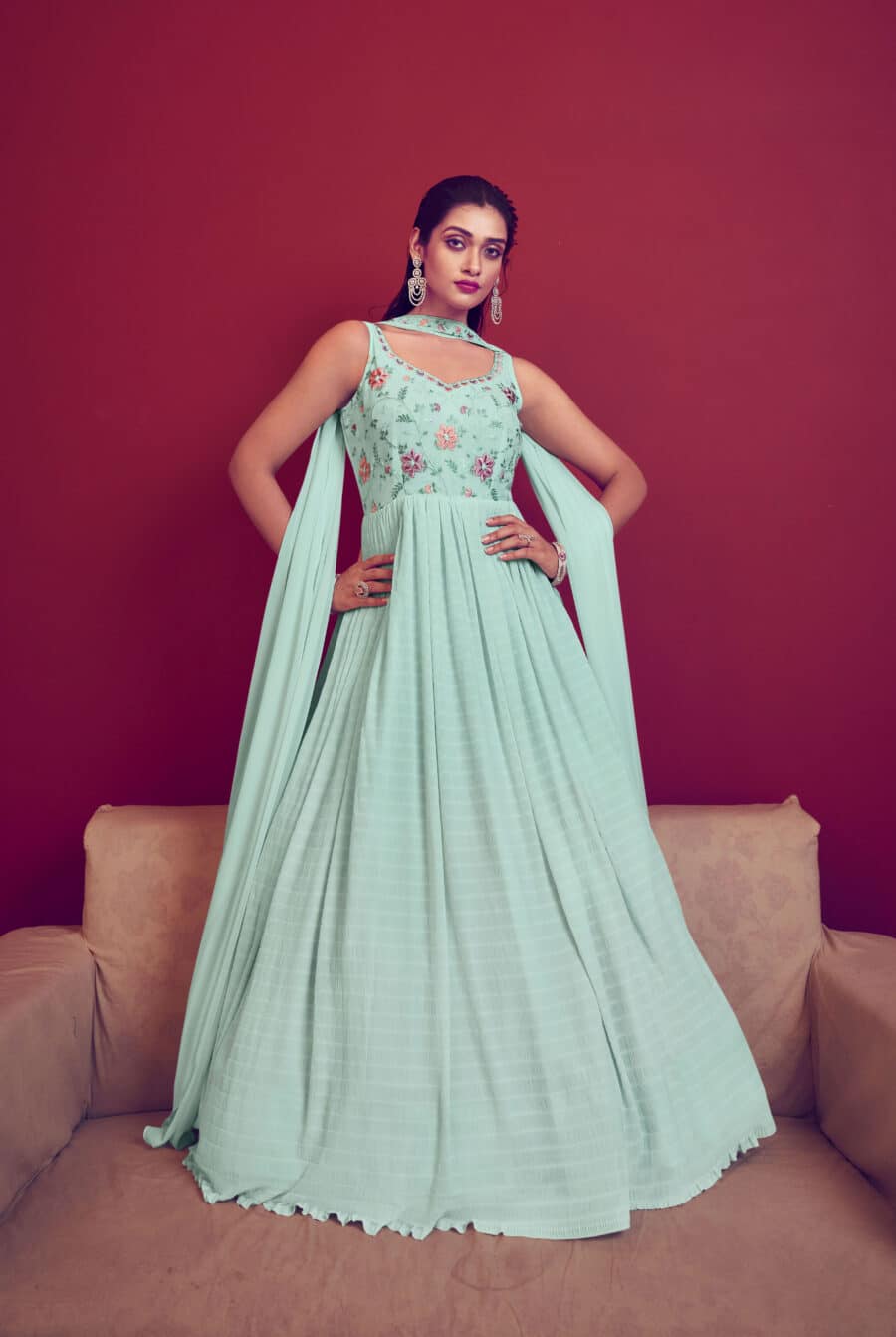 Glamorous Look of Sea Mist Georgette Sequence Gown