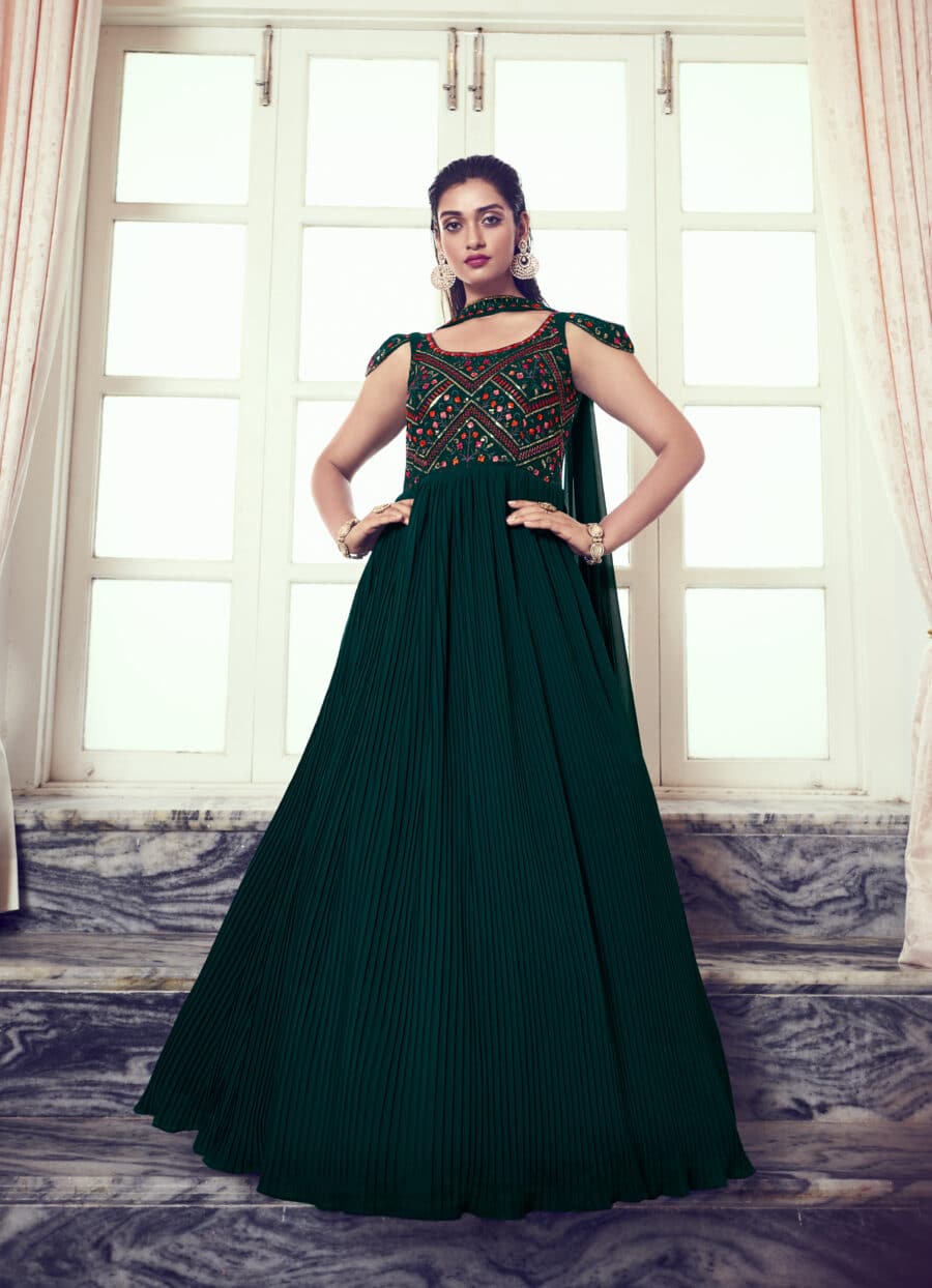 Emerald Elegance of Dark Green Georgette Sequence Gown