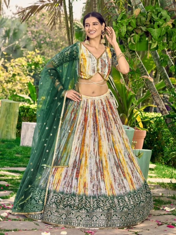 green chinon silk embroidery lehenga choli