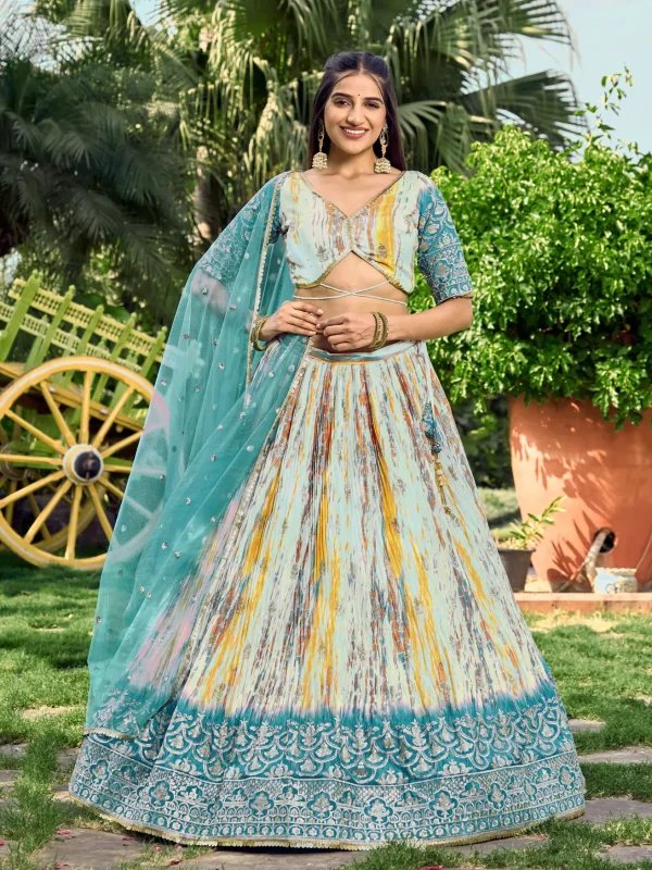 blue chinon silk embroidery lehenga choli