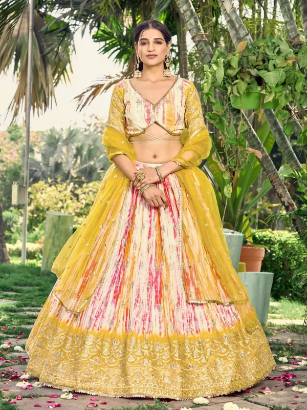 yellow chinon silk embroidery lehenga choli